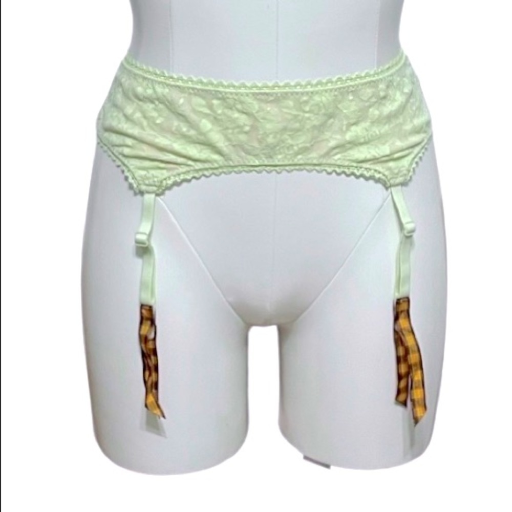 VICTORIA’S SECRET mint green lace and orange plaid ribbon garter belt XS/S, NWT
